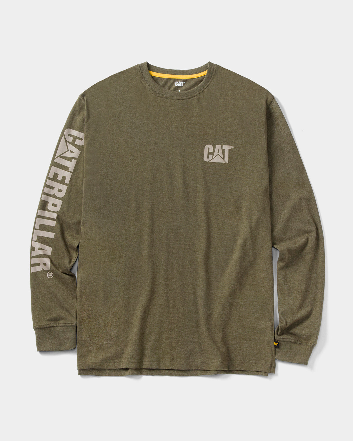 Cat Workwear Men's Trademark Banner Long Sleeve T-Shirt Army Moss Heather Front