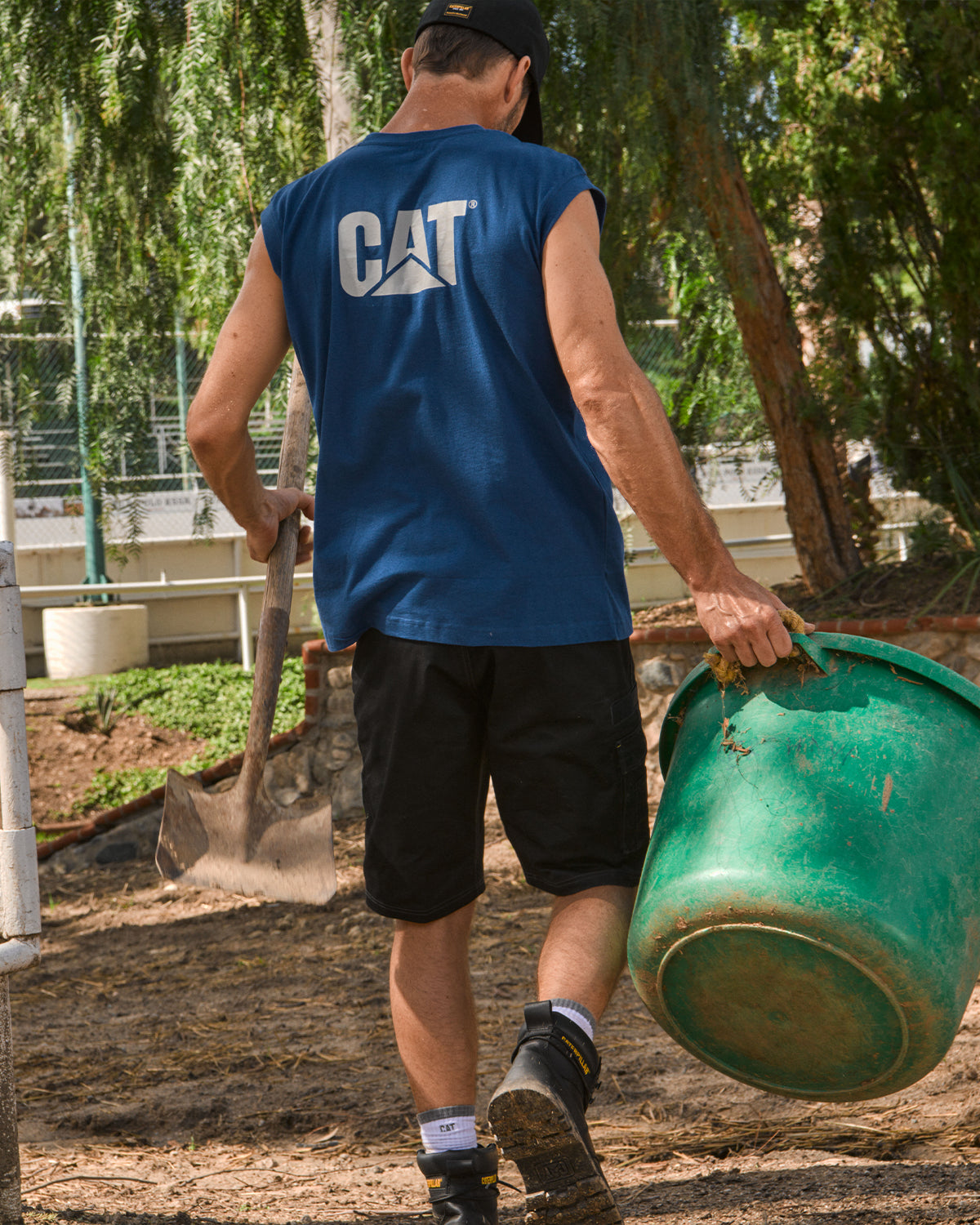 CAT Workwear Men's Trademark Sleeveless Pocket T-Shirt Bright Blue Field Back