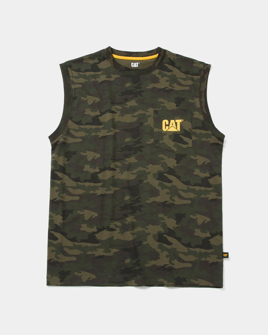 CAT Workwear Men's Trademark Sleeveless Pocket T-Shirt Night Camo Front