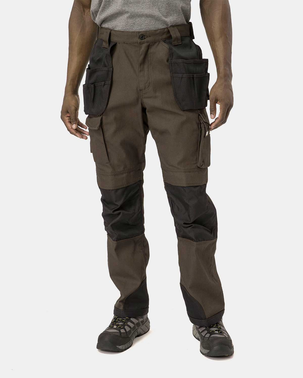Cat Workwear Men's Trademark Work Pants Dark Earth On Model Front, color:Dark Earth