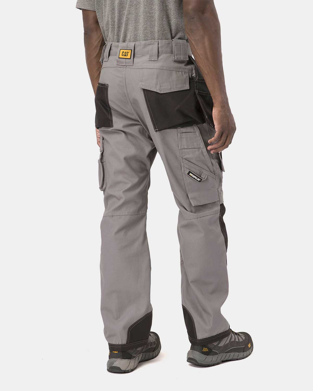 Cat Workwear Men's Trademark Work Pants Grey Black On Model Back, color:Grey