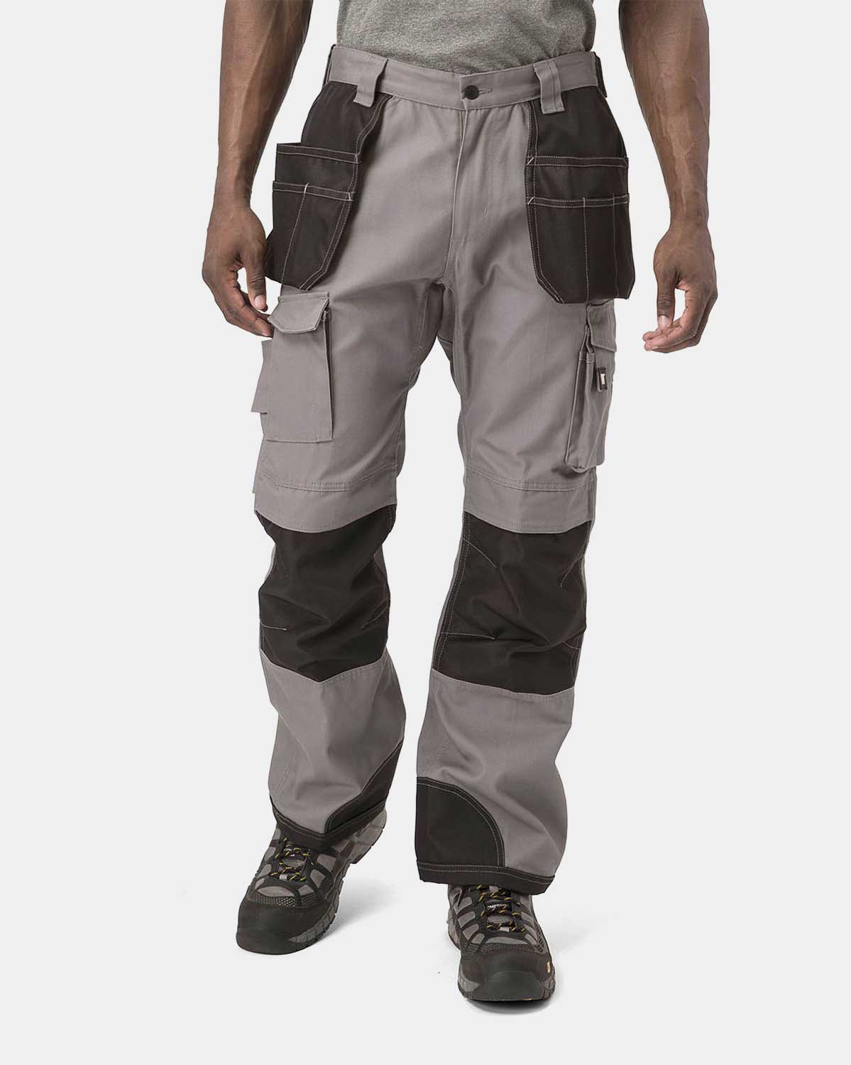 Cat Workwear Men's Trademark Work Pants Grey Black On Model Front, color:Grey