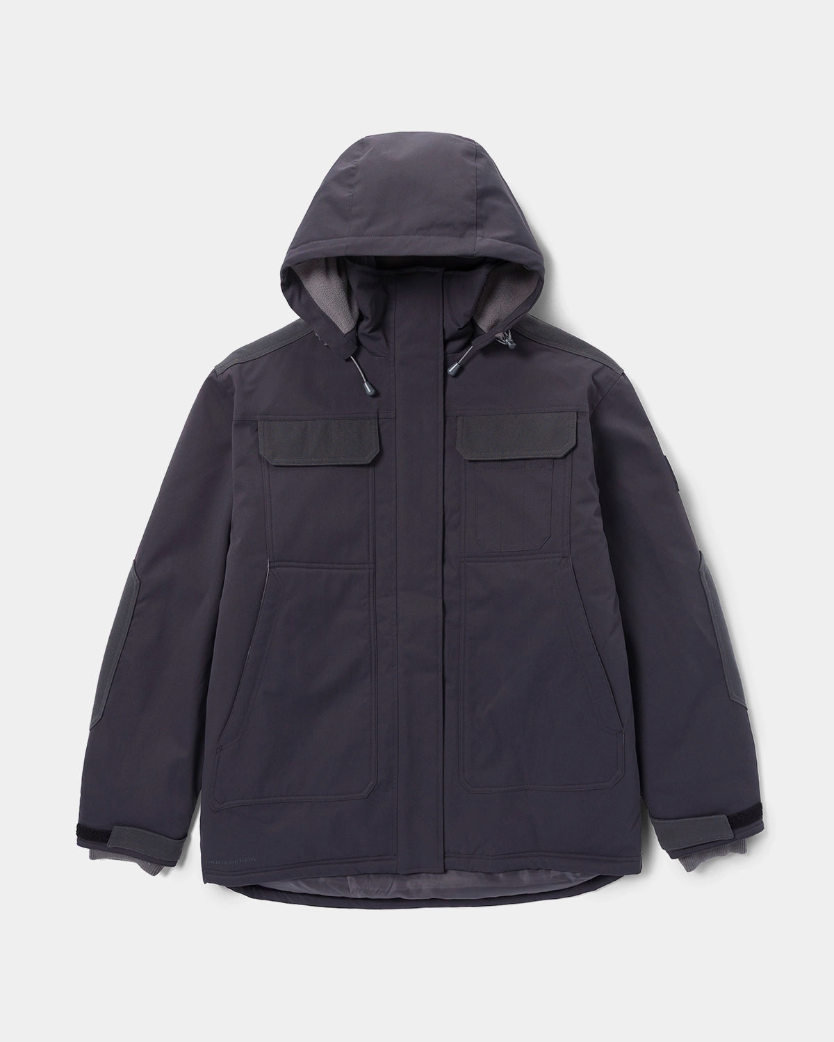 CAT workwear men's tradesman utility jacket in washed black front view with hood up