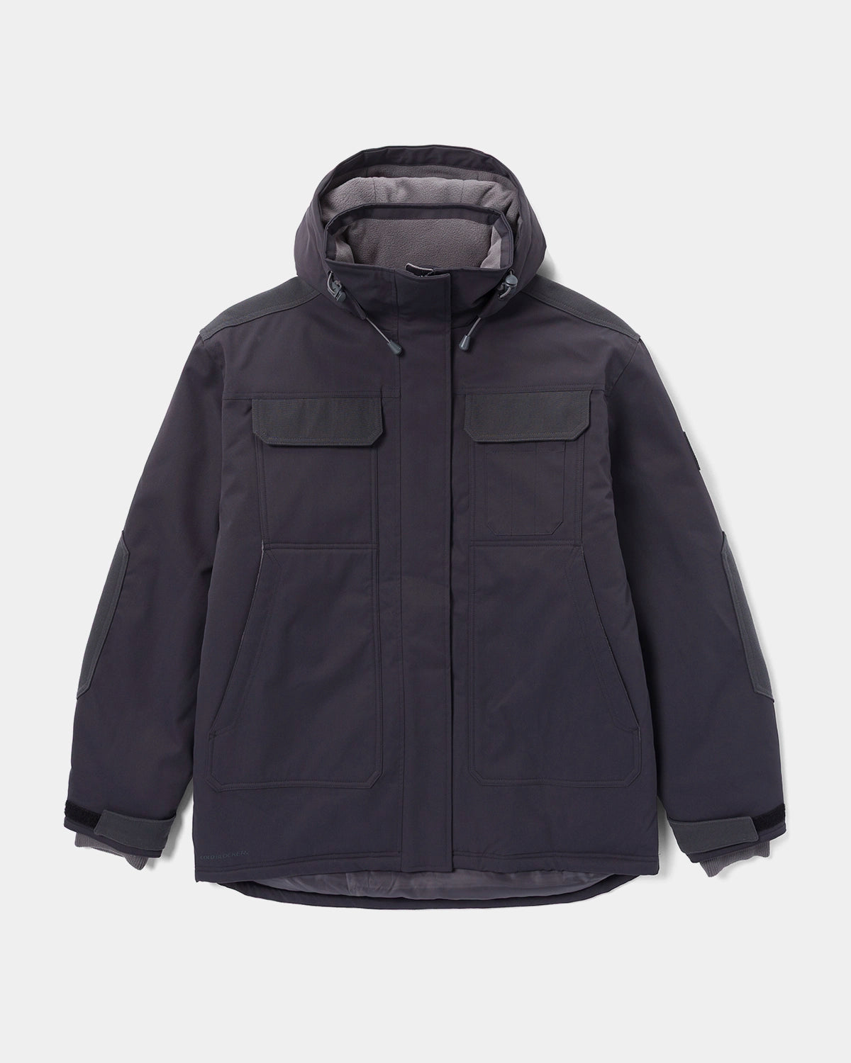 CAT workwear men's tradesman utility jacket in washed black front with hood down
