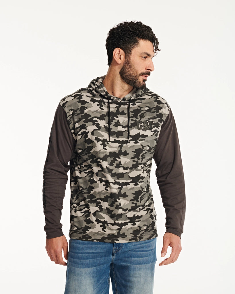 CAT Workwear Men's UPF Hooded Banner Long Sleeve T-Shirt Stone Camo Front