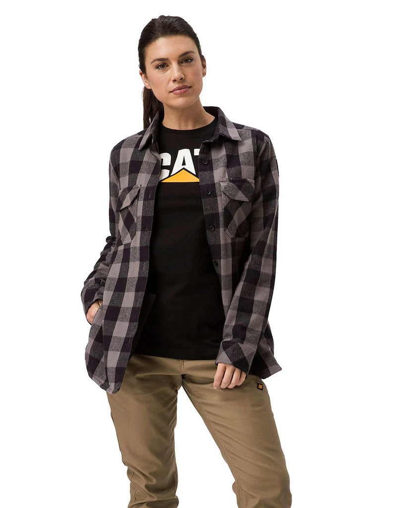 Cat Workwear Women's Buffalo Check Flannel Overshirt Charcoal Black Front