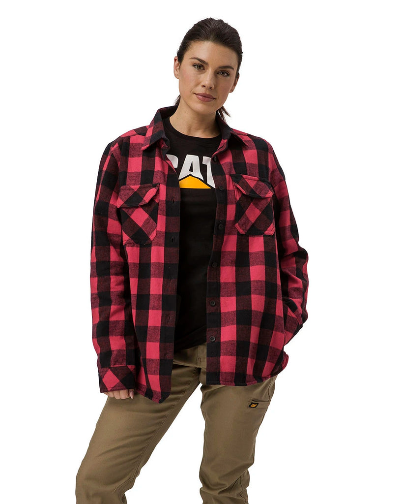 Cat Workwear Women's Buffalo Check Flannel Overshirt Red Black Front