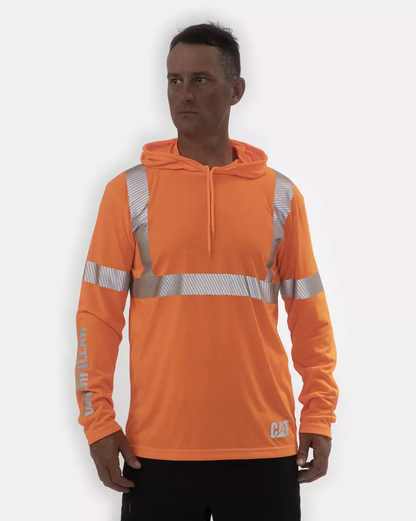 CAT Workwear Men's ANSI Hi-Vis UPF Hooded Long Sleeve T-Shirt Hi-Vis Orange Front