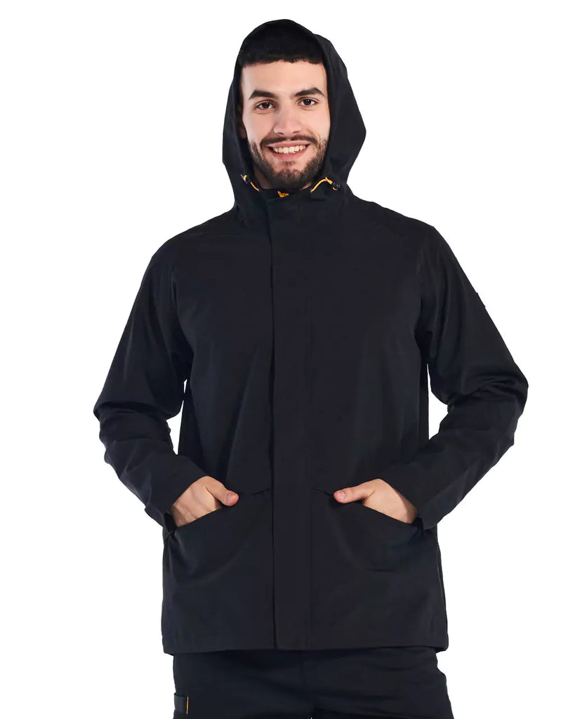 CAT WORKWEAR Men's Essential Rain Jacket Black Front Hood Up