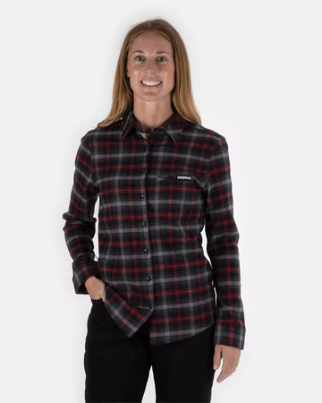CAT WORKWEAR Women's Stretch Flannel Shirt Red Charcoal Front
