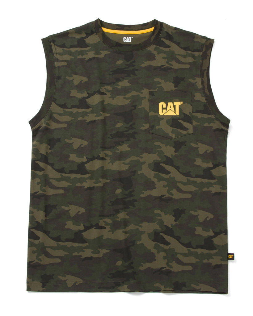 CAT Workwear Men's Trademark Sleeveless Pocket T-Shirt Night Camo Front